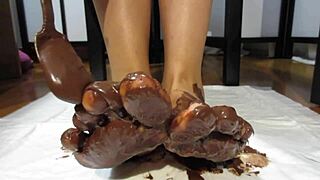 Goddess covers feet in chocolate cream!