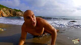 Blonde babe lures stranded guy to drill her tight asshole on beach.