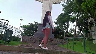 Beautiful woman with tattoos has sex and exhibitionism on famous tourist spot