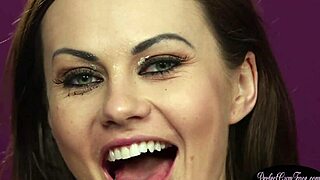 eurobabe gets cum on her small tits and pretty face in leather outfit