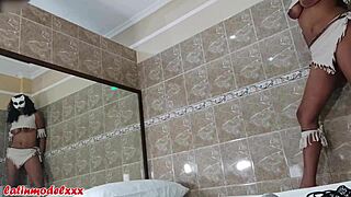 big tits model in tiny costume for photoshoot