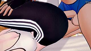 3D animated blue haired teen gets naughty in sporty outfit
