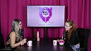 Beautiful blonde in sheer red lingerie enjoys threesome with woman and man, squirting for client fetish video