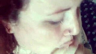 Cum drenches slutty redhead girlfriend's tits while sucking monster cock