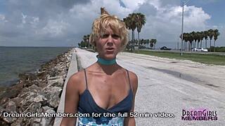 Blonde babe flashes tits and pussy outdoors with tan lines under skirt, showing off nude body! 😏