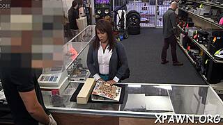Beautiful woman seduces and have sex in shop