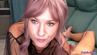 lilac-haired minx in pantyhose sucks big dick till cum in mouth
