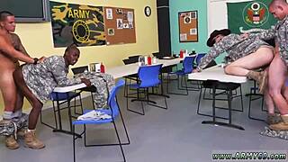 Drill sergeant inspects virgin dick before gay sex.