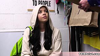 This teen shoplifter’s hairy pussy gets slammed hard by security. It’s a rough lesson for the cute brunette.