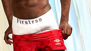 Ripped athletic black stud rips clothes and wanks off to cumshot