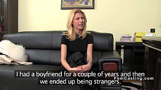 Small-tits blonde licks huge tits on the sofa