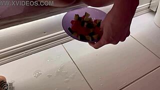 Brunette Milf Squirts into Salad During Sexy Homemade Solo Session.