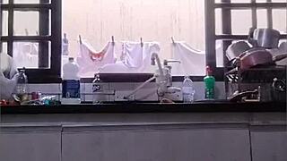 washing dishes in panties at father-in-law's house with big ass flashing