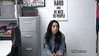 Latina teen caught stealing faces guard's cock in office after clothes get ripped.