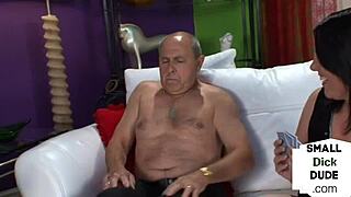 In a brutal 3some, the small cock poker loser gets jerked by amateur femdoms during striptease and undressing.