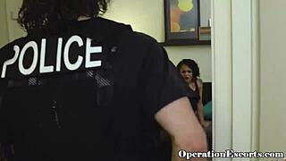 Petite girl deepthroats cop at work, gets caught in rough action