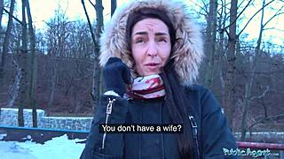 public agent spots BRUNETTE with NATURAL TITS and PALE SKIN outdoors