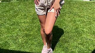 Fucking a hot teen in the garden. Rough cowgirl riding on natural tits and pussy.