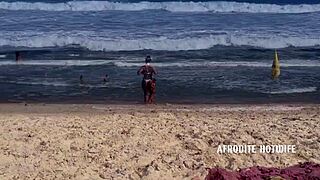 Afrodite sucking dick doggystyle on the beach, feeling so intense in this group bang.