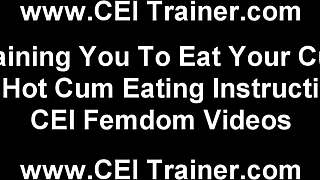 Slave obeys femdom instruction to eat cum from used condom in humiliating bdsm session.