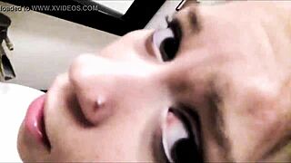 In the bathroom, a blonde babe sucks and gets a cumshot from an amateur.