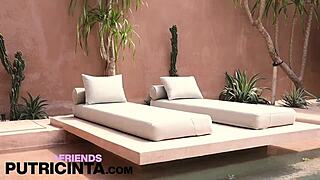 Tanned Babe Putri Cinta Fingers Her Pussy At The Center Table!