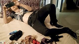 I love rimming in my black leather pants and white satin French outfit