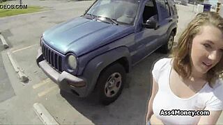 Banging a broke teen with huge tits at the parking lot for cash