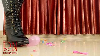 Hey, watch these small balloons pop under my high heels boots