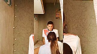 the river plate player bends over the curvy brunette teen for a rough pov massage, leading to intense handjob and riding on his cock