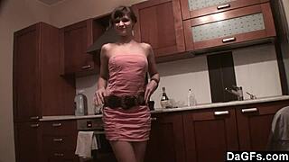 Freckled Babe Toys Pussy on Counter!