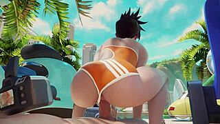 Overwatch Tracer rides hard on the beach in daring public action