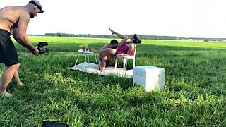 backstage fucking with russian blonde in nature, riding cowgirl style