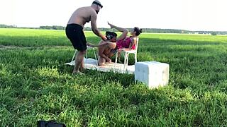 backstage fucking with russian blonde in nature, riding cowgirl style