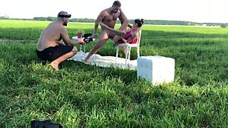 backstage fucking with russian blonde in nature, riding cowgirl style