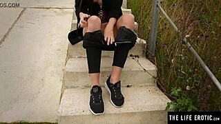 Feeling the thrill, cute teen pulls down her jeans for public masturbation