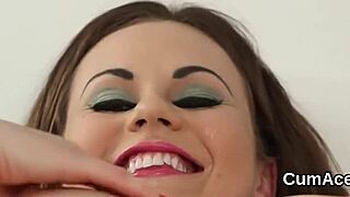 this foxy stunner took a jizz shot on her face after sucking every drop.