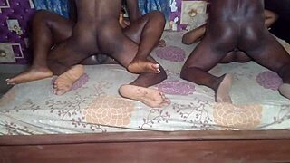 Hot threesome with two girls screaming from a monster cock in tight wet pussies