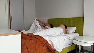 Teen shares bed without panties, leading to doggystyle sex and missionary fucking with step brother's girlfriend.