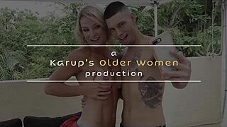 Busty mature slut Melissa Johnson fucks man in a barrel with trimmed pussy piercing