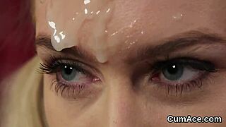 Slutty hottie gets sperm shot on her face swallowing all the semen