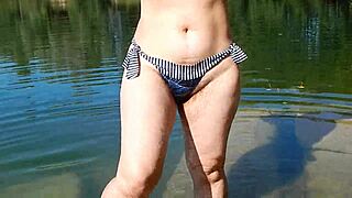 hairy wife flashes outdoors with bold chubby curves in public display