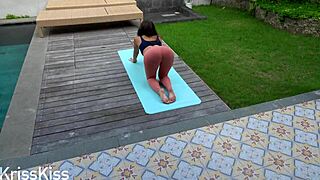 Step sister relaxes after yoga with some stretching