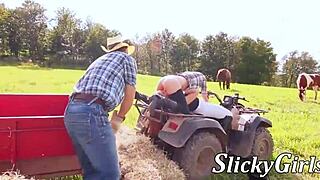 Inked farmhand in threeway after pussy licking