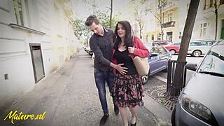 busty milf bent over, shaved, receives stranger's big dick help