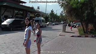 I ripped the brunette's clothes during our holiday sex, watching her blow his cock passionately.