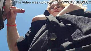 chubby cutie with big tits gives juicy outdoor pov blowjob. she plays with cum like a pro.