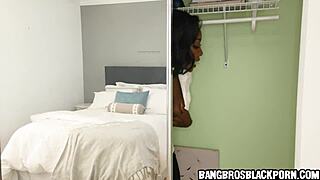 horny stepmom spies on stepdaughter banging hard in ebony action. black lust unfolds in secret
