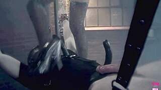 A blonde sucks tied up guy's dick with bdsm mask