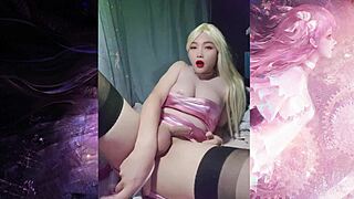 Umm, saw this shemale in pink top, like, masturbating with huge dick...